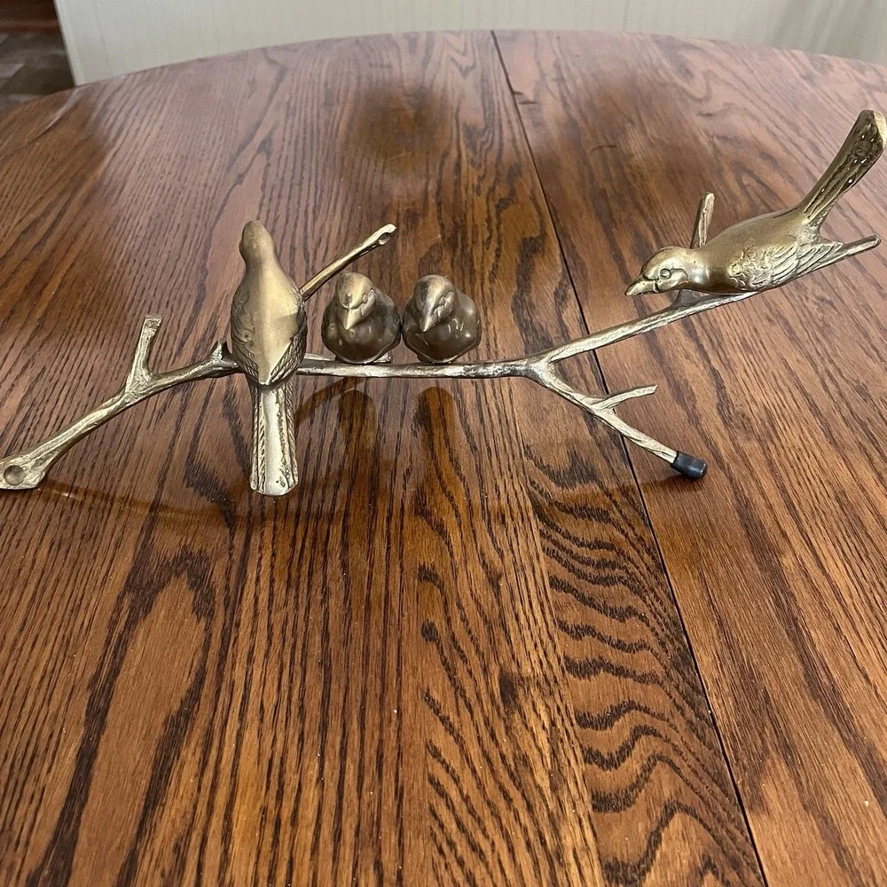 Vintage Brass x4 Birds On A Branch 16 X 5 Inch Orig. Unpolished Patina -- 9294